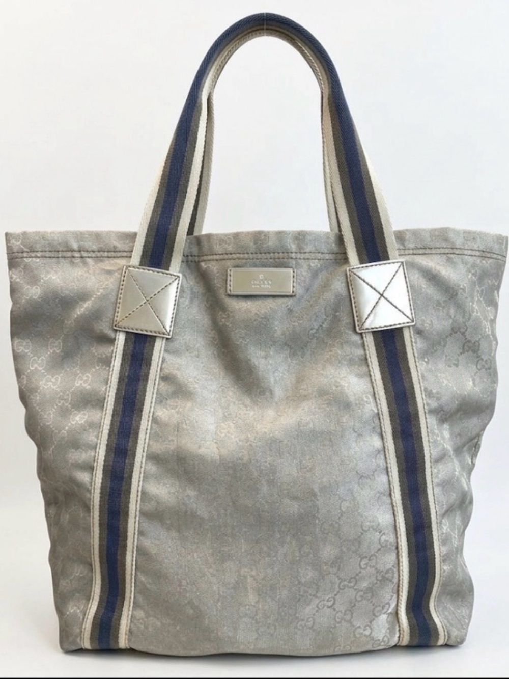 GG Monogram Web Stripe Metallic Silver GG Jacquard Canvas Tote Bag GUC - Picture 1 of 11